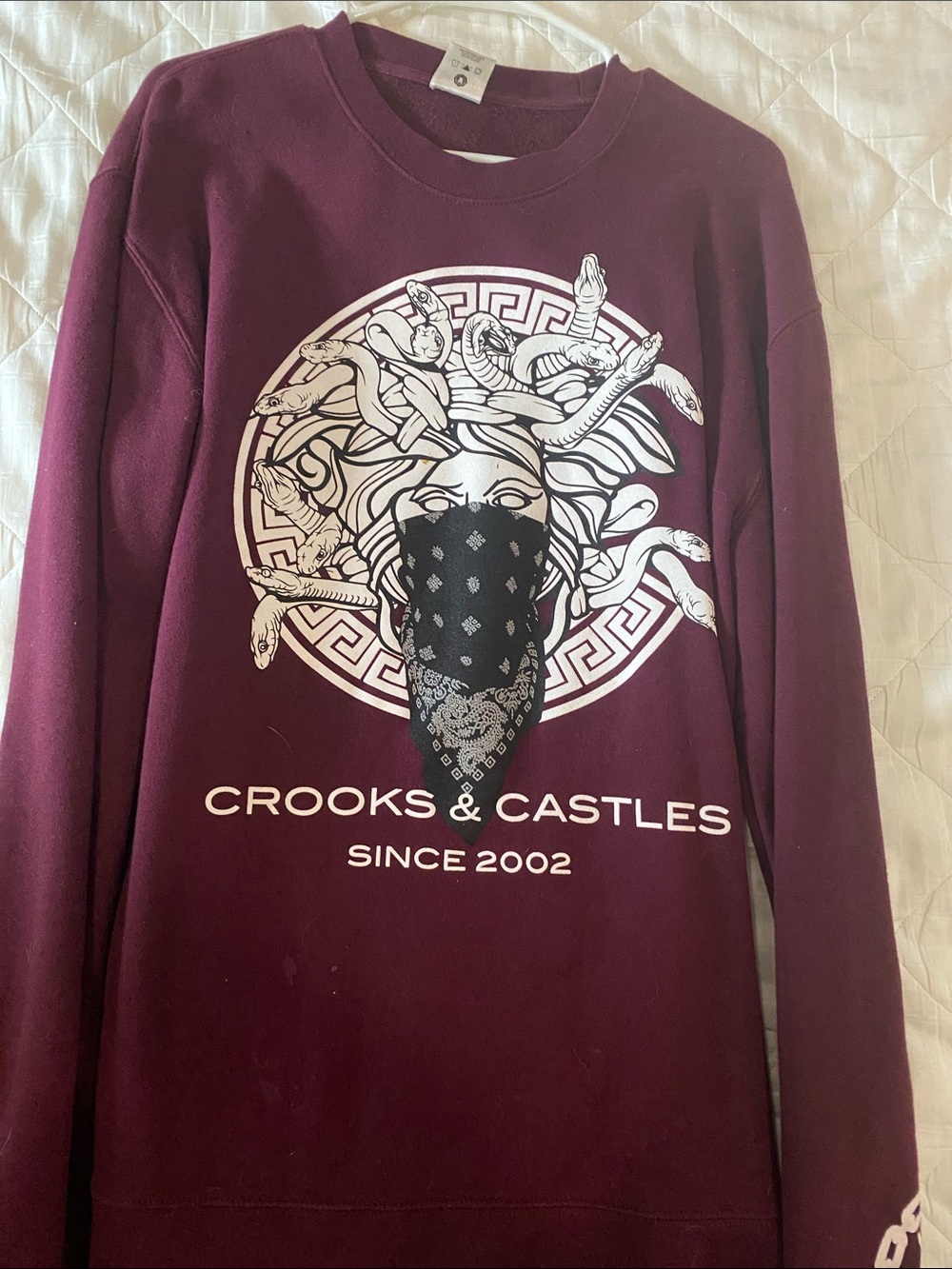 Crooks & Castles Men's Burgundy Crewneck with White Medusa Graphic